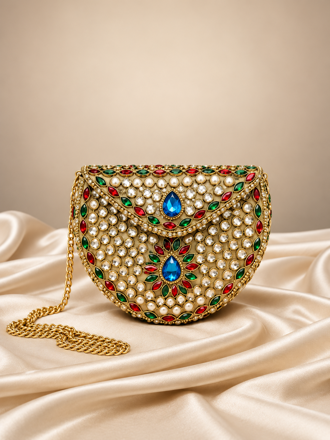 Hand-Embellished Gold-Tone Mini Clutch with Sapphire Blue Stones