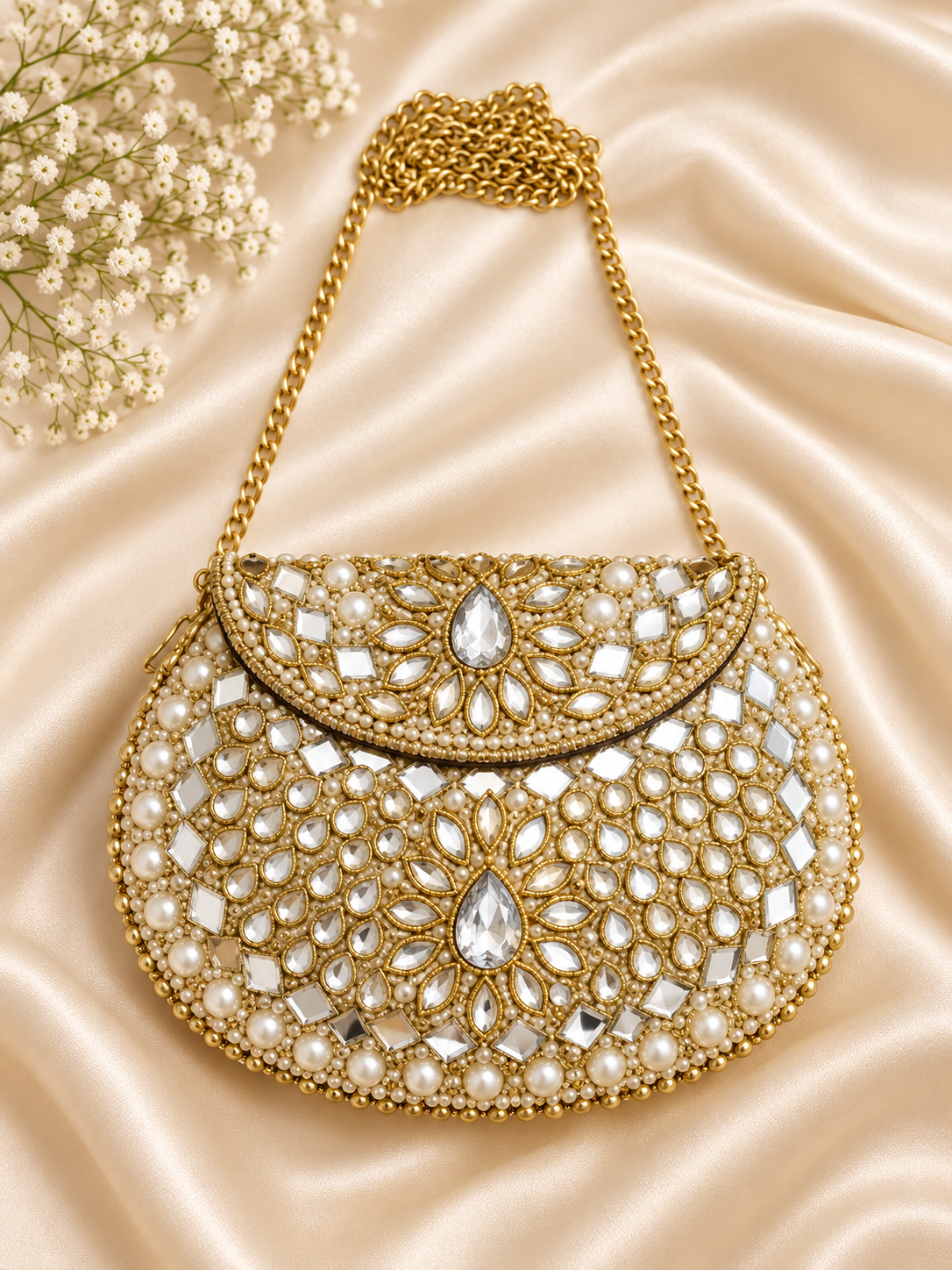 Hand-Embellished Gold-Tone Mini Clutch with Clear Crystals