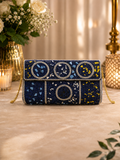 Hand-Embellished Blue Mosaic Clutch with Gold Chain