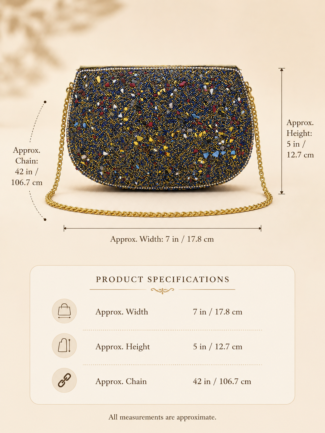Handcrafted Beaded Evening Clutch | Navy & Gold Stone Embellished Bag with Chain Strap