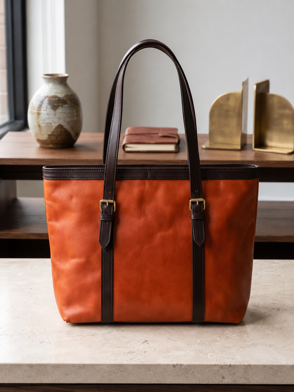 Genuine Leather Tote Bag | Rust Orange Handbag with Dark Brown Trim