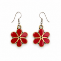Red Enamel Flower Drop Earrings with Gold Tone Trim