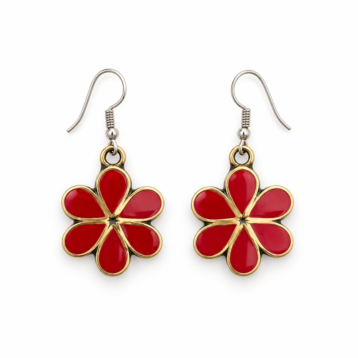 Red Enamel Flower Drop Earrings with Gold Tone Trim