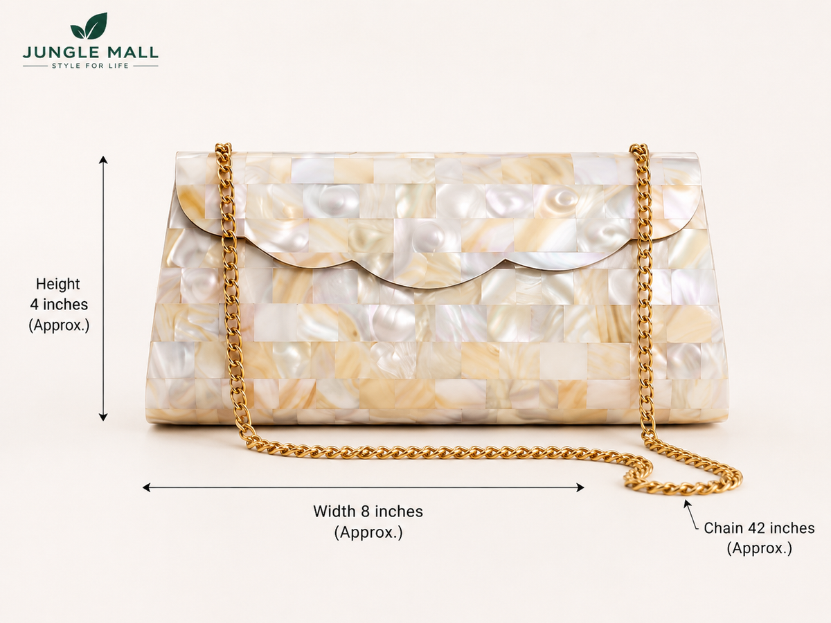Mother of Pearl Mosaic Clutch Bag with Gold Chain Strap – Capiz Shell Evening Bag