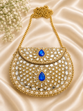 Hand-Embellished Gold-Tone Mini Clutch with Blue Crystals