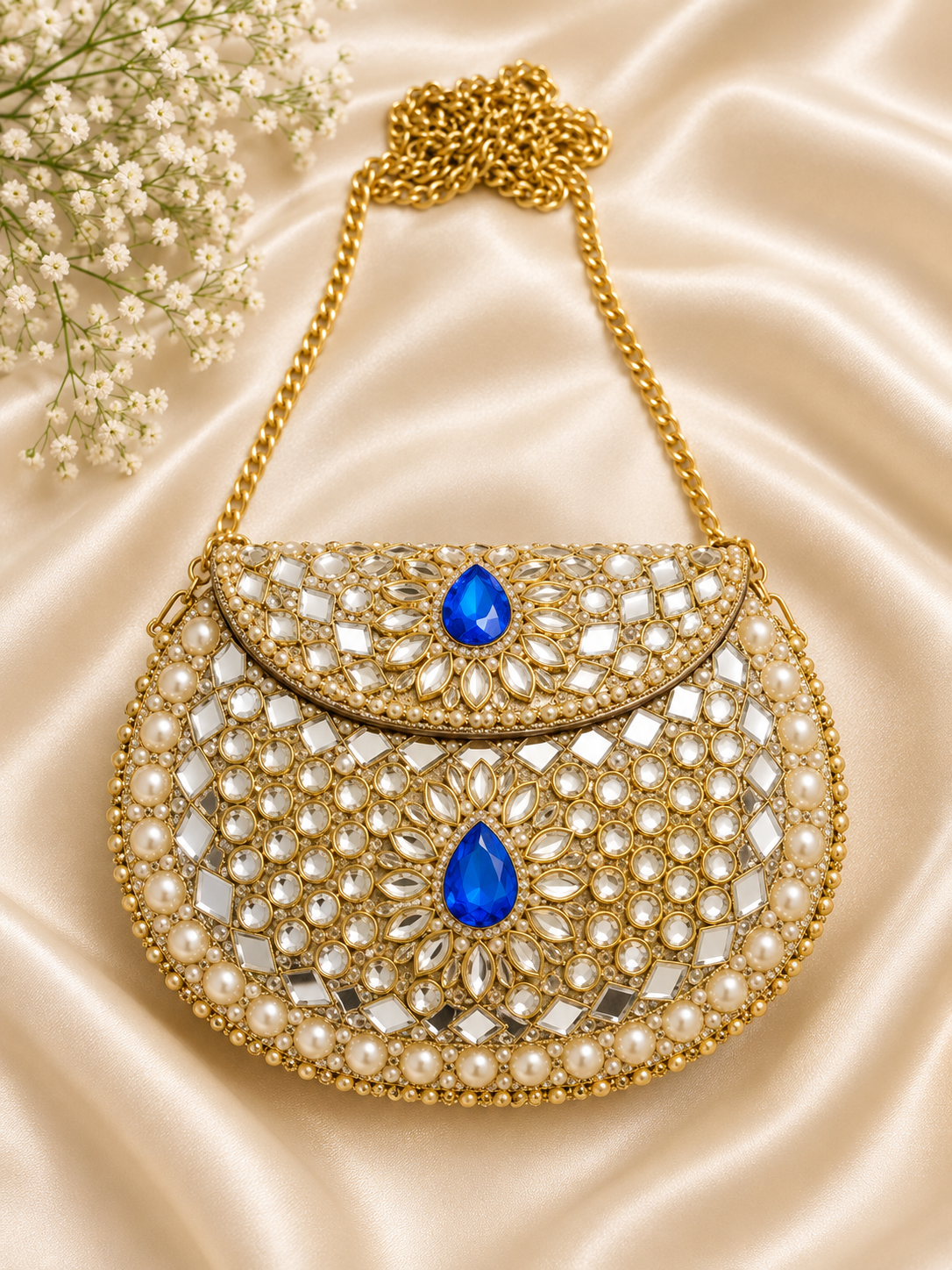 Hand-Embellished Gold-Tone Mini Clutch with Blue Crystals