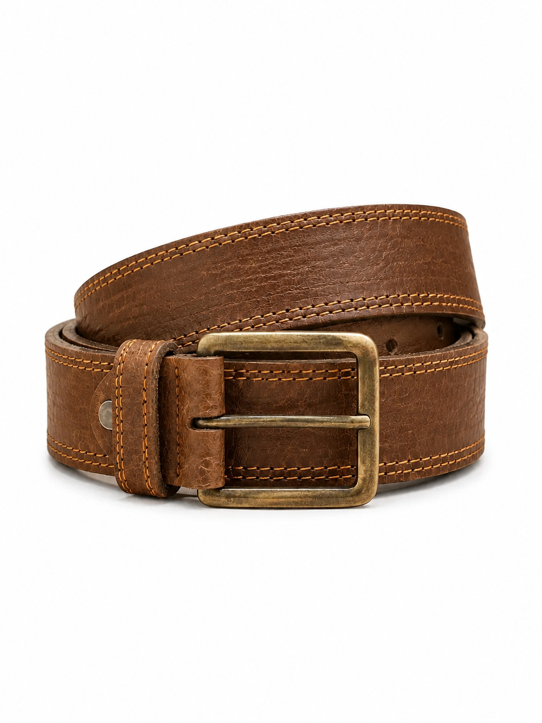 Men's Genuine Leather Belt with Antique Brass Buckle – Pebbled Grain Casual Belt