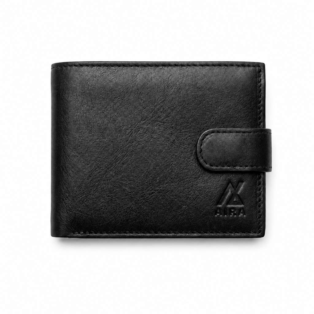 Aira genuine leather bifold wallet in black with snap-button closure - front view