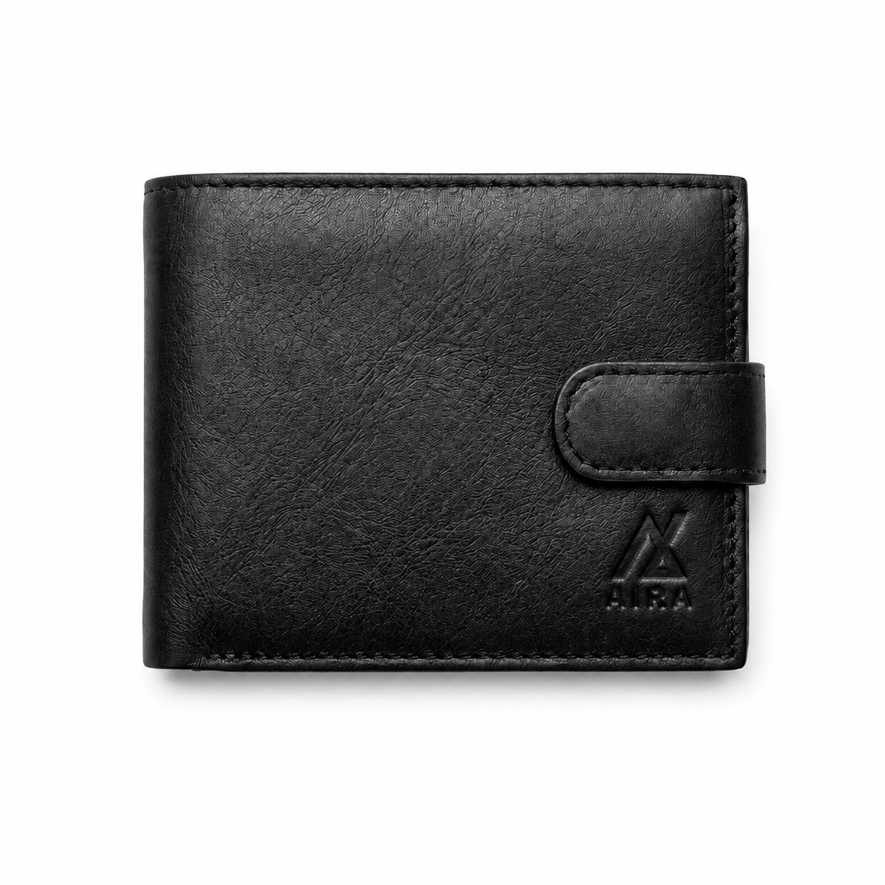 Aira genuine leather bifold wallet in black with snap-button closure - front view