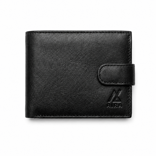 Aira genuine leather bifold wallet in black with snap-button closure - front view