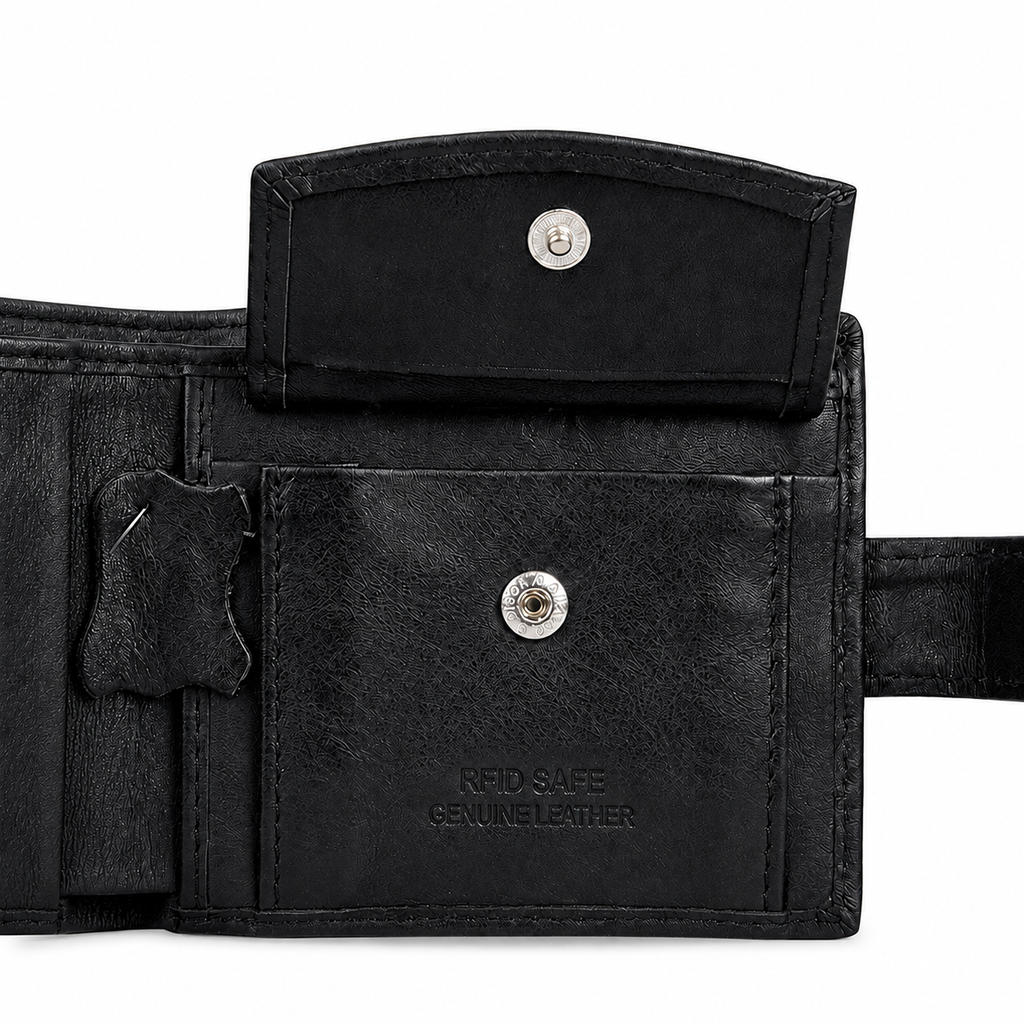 Aira leather wallet coin pocket with button closure, RFID-safe genuine leather