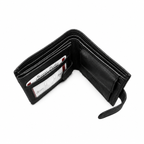 Aira black leather wallet open showing multiple card slots, cash compartment and wrist strap