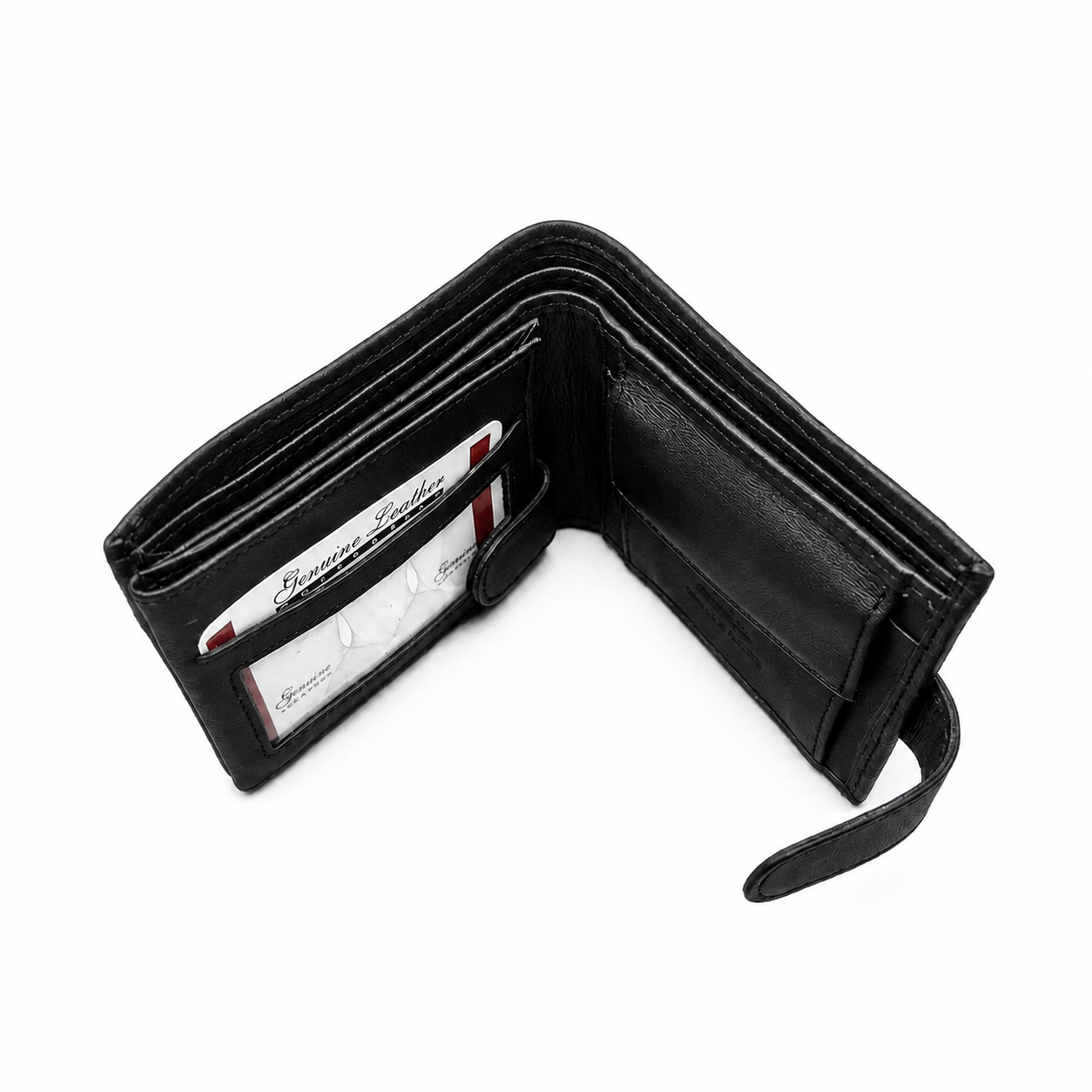 Aira black leather wallet open showing multiple card slots, cash compartment and wrist strap
