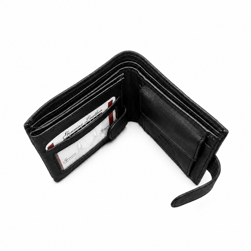 Aira black leather wallet open showing multiple card slots, cash compartment and wrist strap