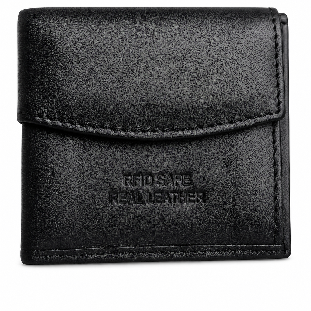 Close-up of Aira black leather wallet flap embossed with RFID Safe Real Leather