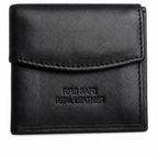 Close-up of Aira black leather wallet flap embossed with RFID Safe Real Leather