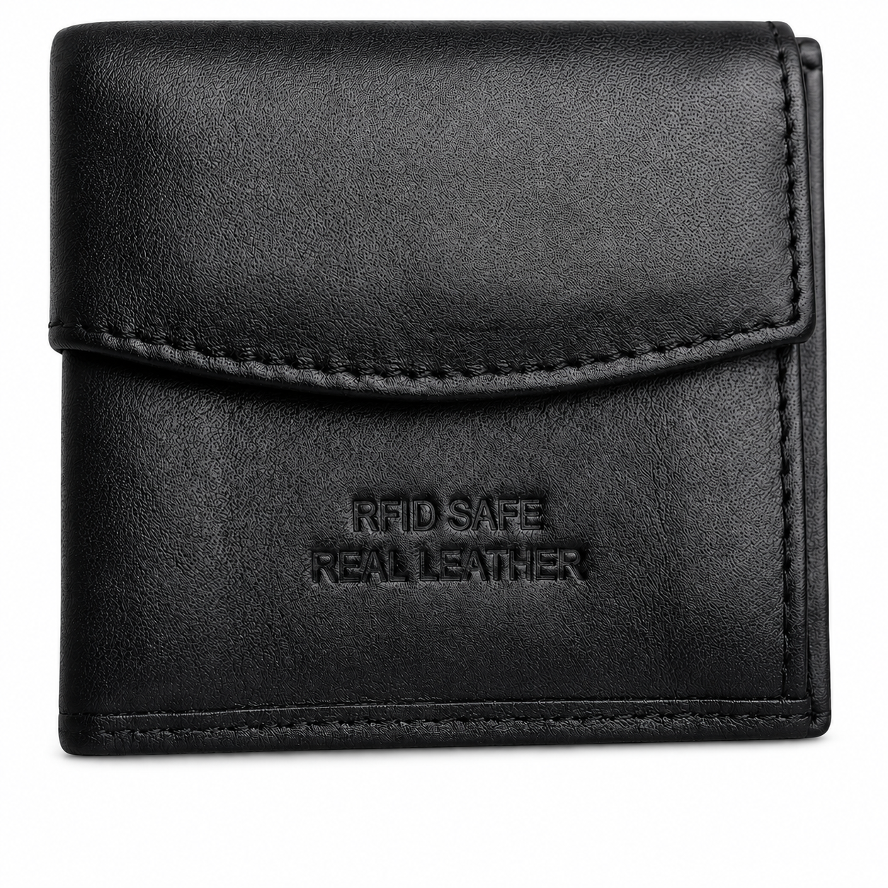 Close-up of Aira black leather wallet flap embossed with RFID Safe Real Leather