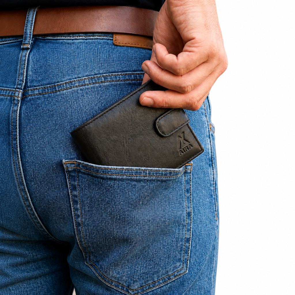 Man carrying the Aira genuine leather wallet in black in his back jeans pocket