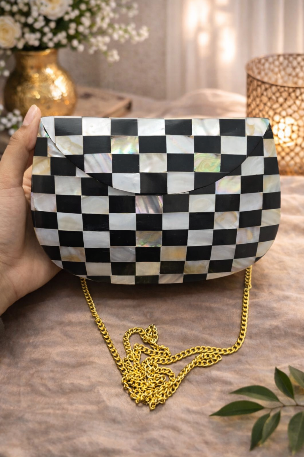 Handmade Studded Metal Clutch Bag  Half-Moon Statement Evening Bag