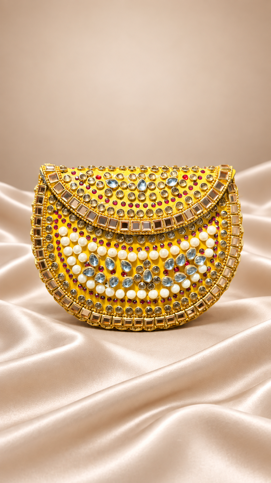 Golden Kundan-Style Pearl & Crystal Half-Moon Clutch