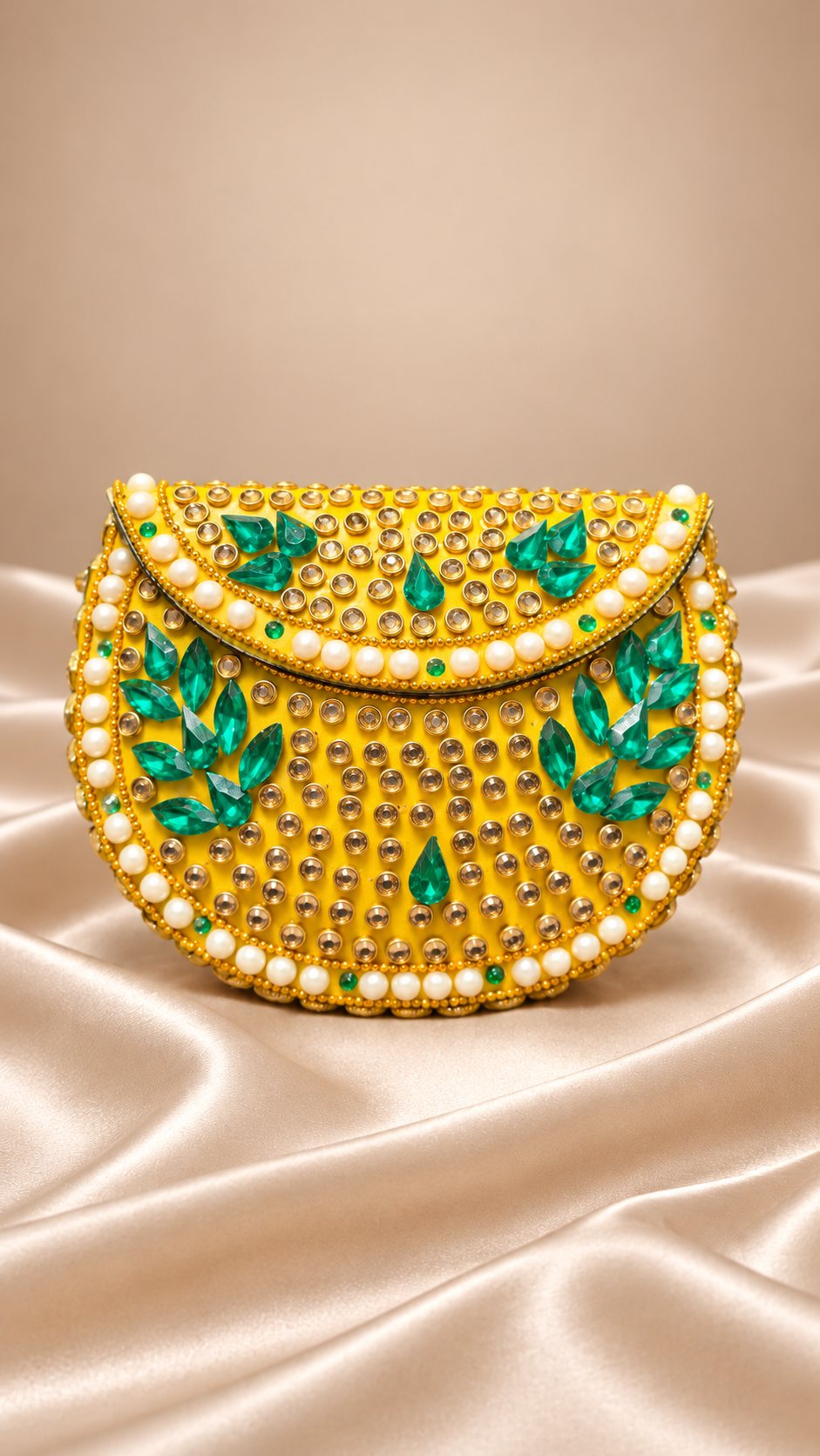 Emerald Leaf Yellow Metal Clutch with Pearl Border