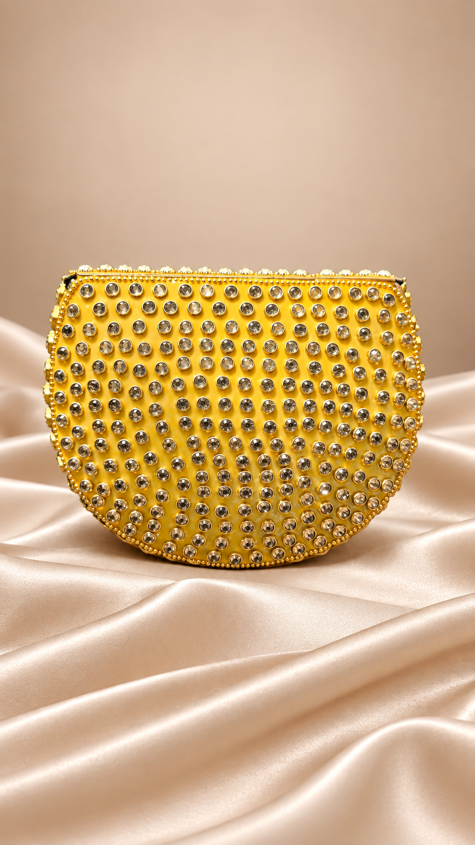 Golden Kundan-Style Pearl & Crystal Half-Moon Clutch