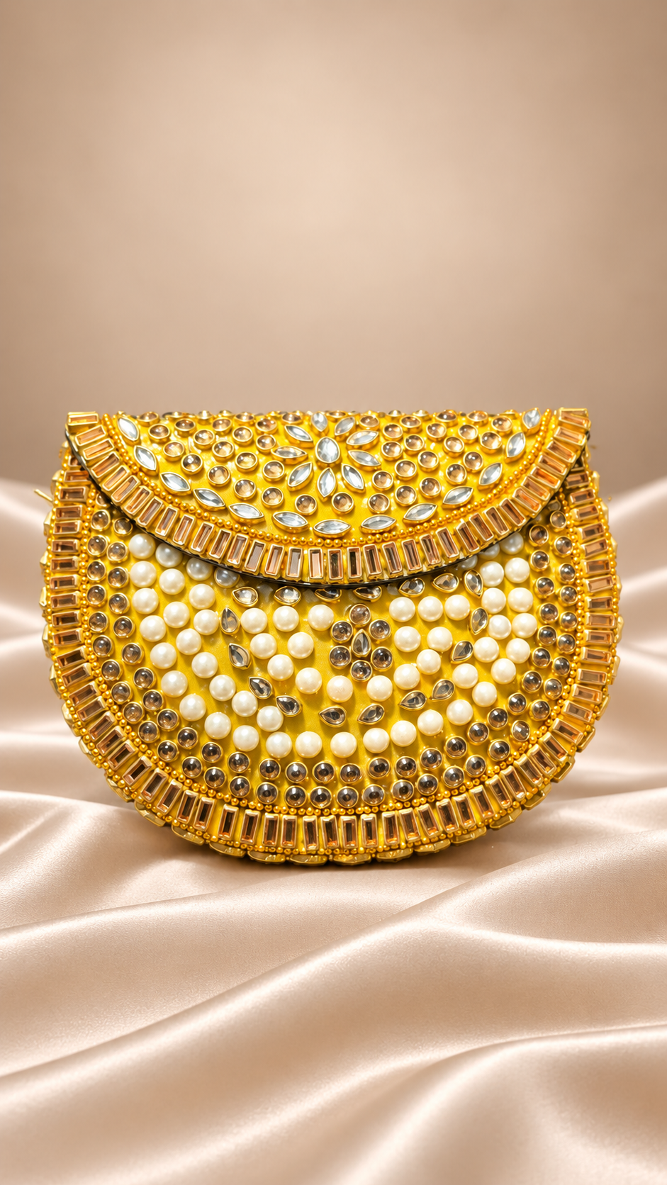 Golden Kundan-Style Pearl & Crystal Half-Moon Clutch