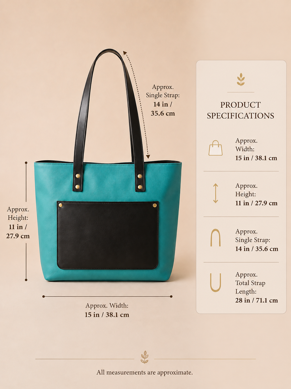 Genuine Leather Tote Bag for Women | Teal & Black Handbag with Front Pocket