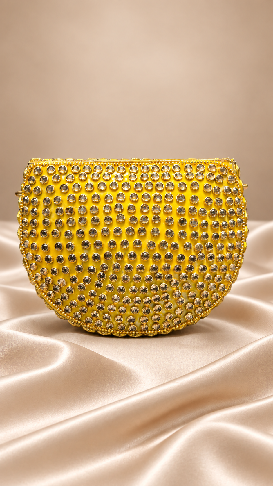 Golden Kundan-Style Pearl & Crystal Half-Moon Clutch