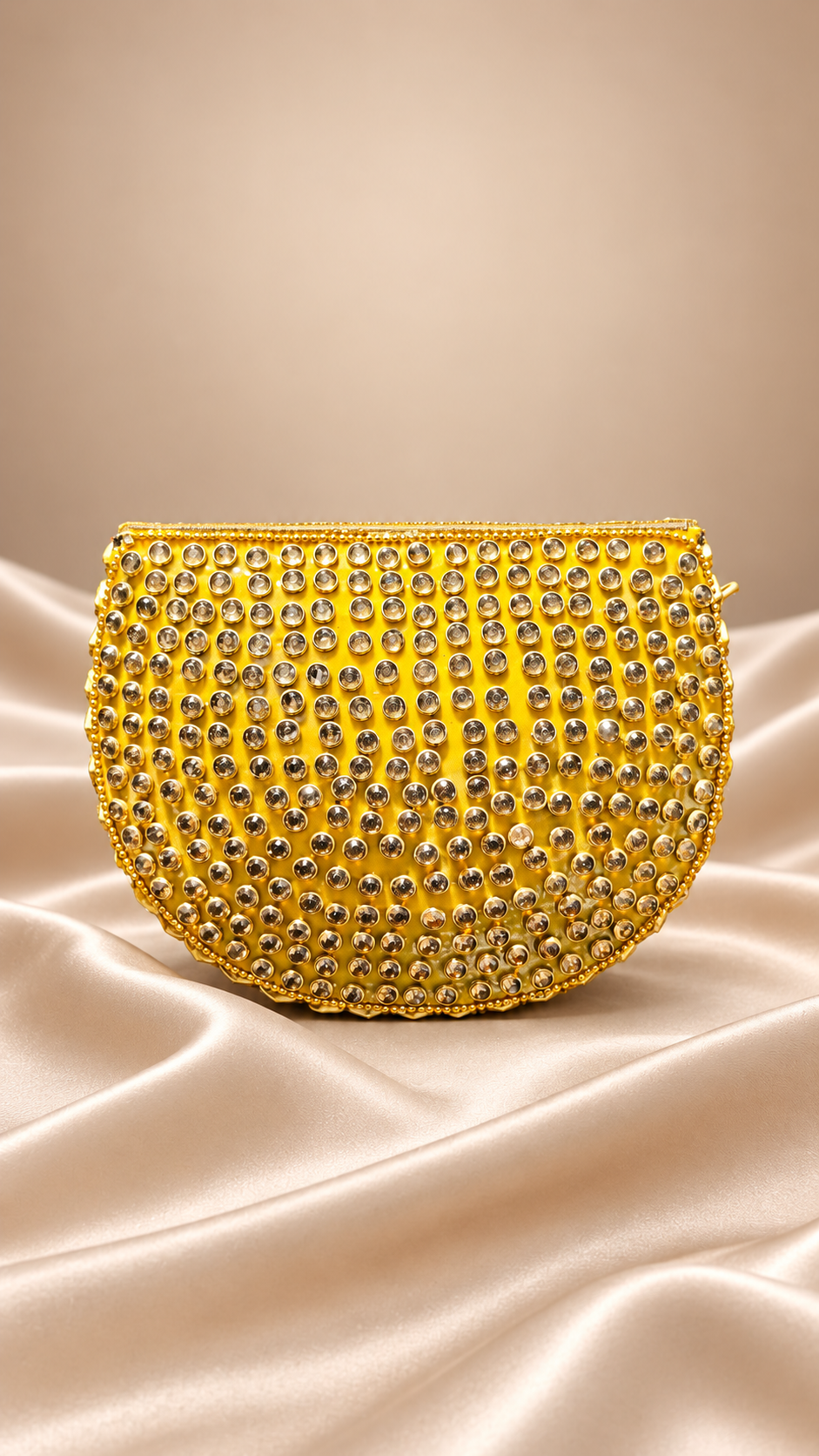 Emerald Leaf Yellow Metal Clutch with Pearl Border