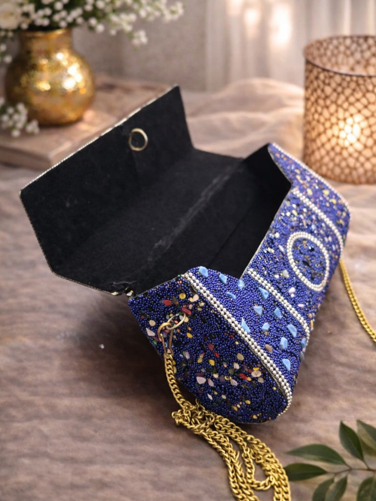 Hand-Embellished Blue Mosaic Clutch with Gold Chain
