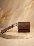 Genuine Leather AirPods Case with Wrist Strap & Carabiner Clip | AIRA Brown Earbuds Pouch