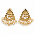 Antique gold jhumka earrings with dolphin charm and cascading pearl beads, front view
