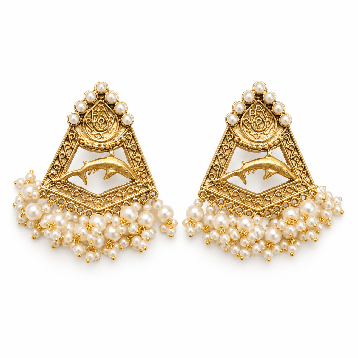Antique gold jhumka earrings with dolphin charm and cascading pearl beads, front view