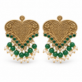 Antique gold heart-shaped earrings with green stones and pearl bead tassels, front view