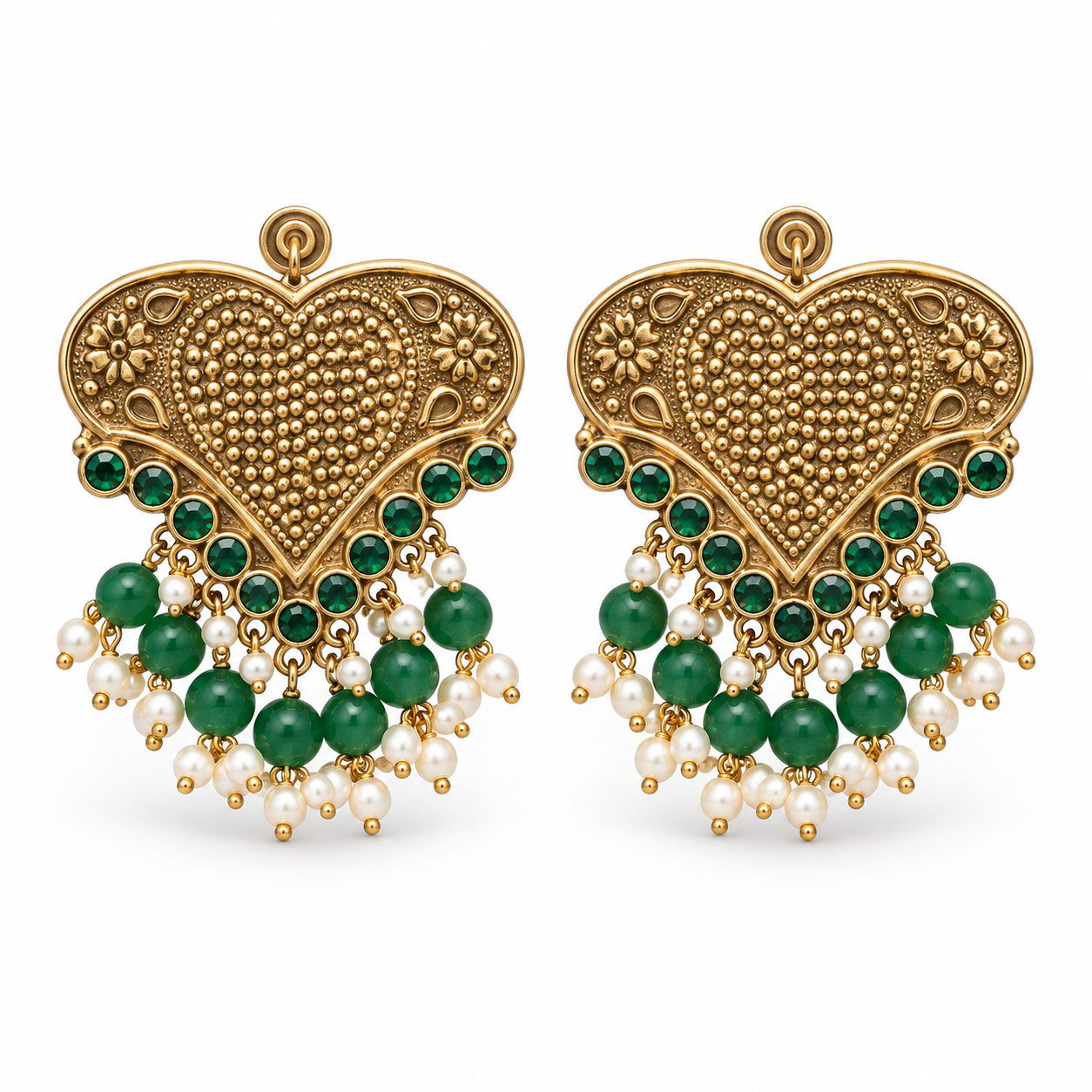Antique gold heart-shaped earrings with green stones and pearl bead tassels, front view