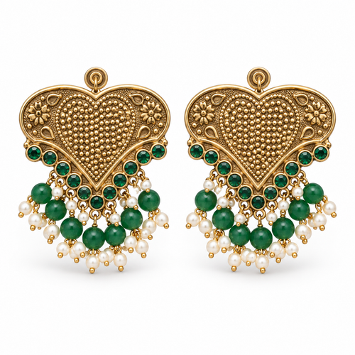 Antique gold heart-shaped earrings with green stones and pearl bead tassels, front view