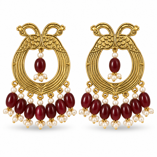 Antique gold peacock chandbali earrings with maroon beads and pearl accents, front view