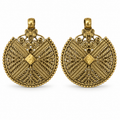 Antique gold round filigree medallion earrings with beaded trim, front view