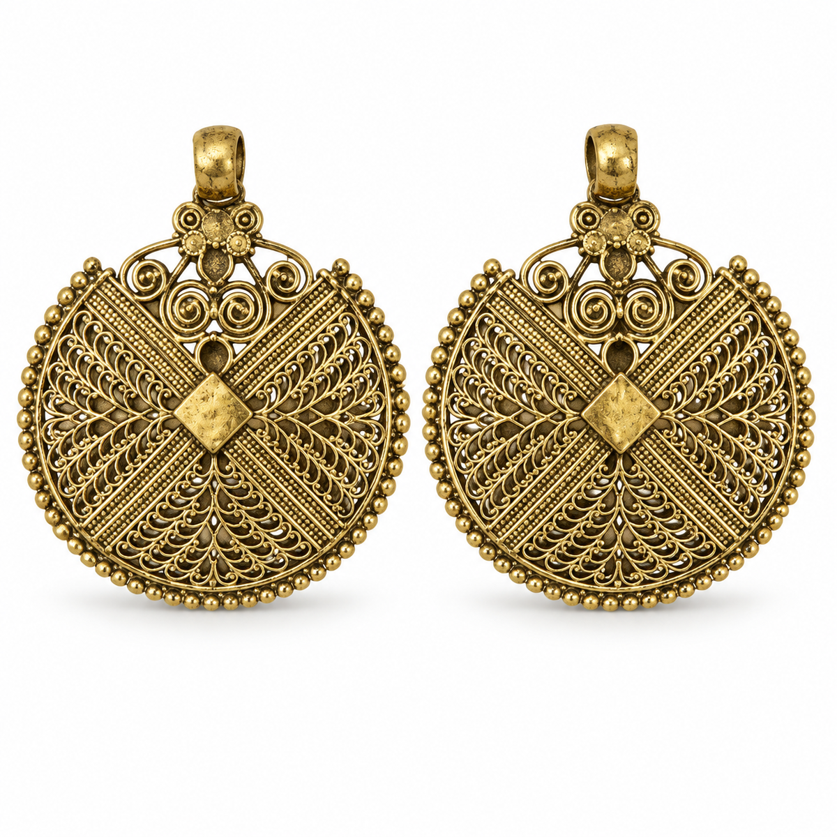 Antique gold round filigree medallion earrings with beaded trim, front view