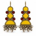 Antique gold drop earrings with yellow enamel, red stones and silver bell charms, front view