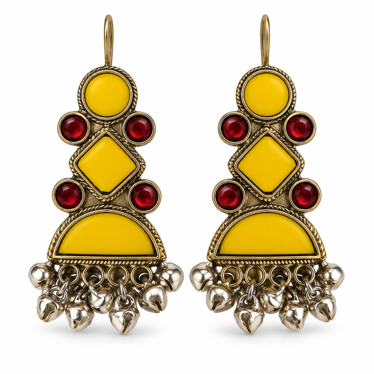 Antique gold drop earrings with yellow enamel, red stones and silver bell charms, front view