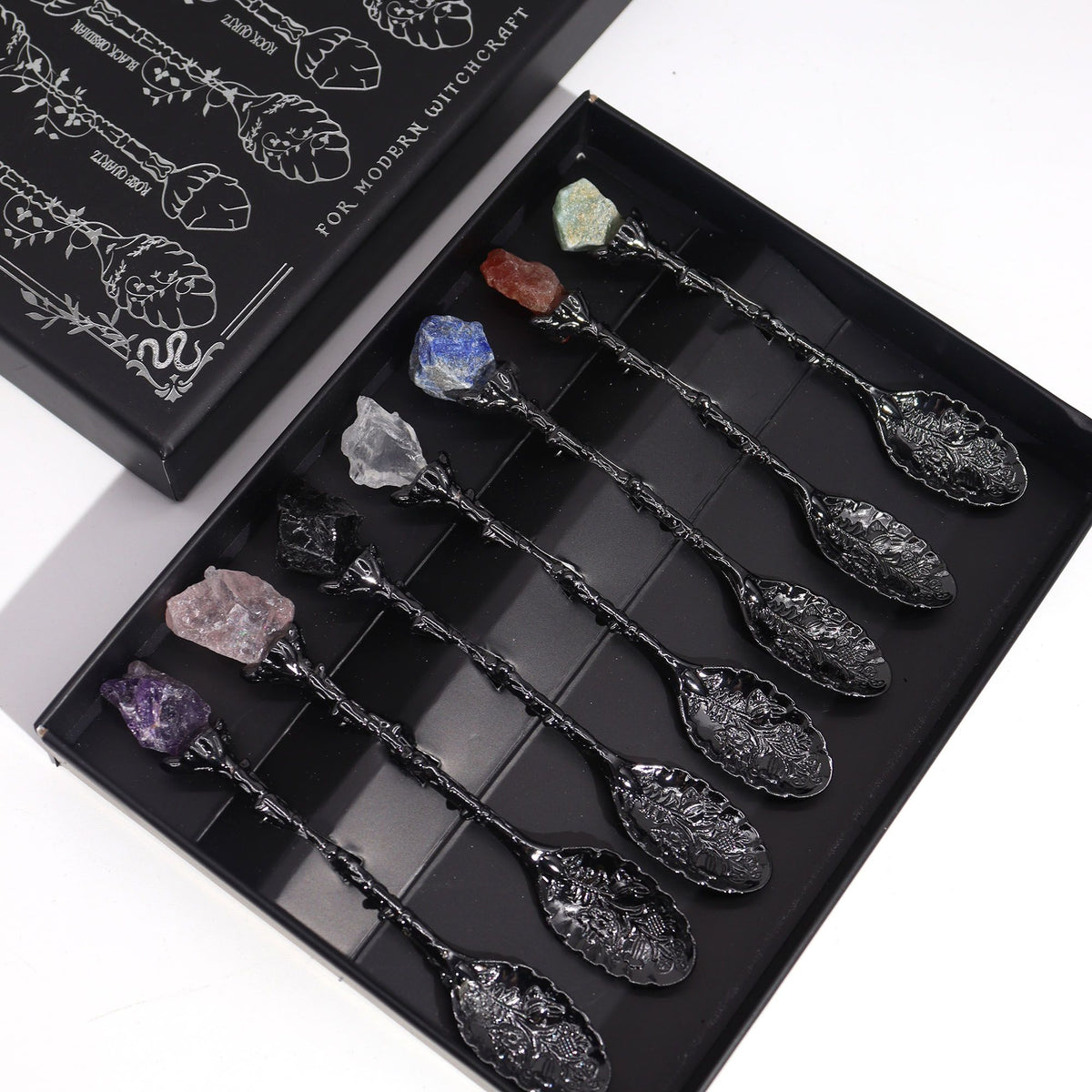 Set of 7 Dark Silver Gemstone Crystal Witch Spoons