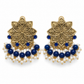 Gold-Tone Floral Earrings with Blue Bead Drops, matching pair on white background