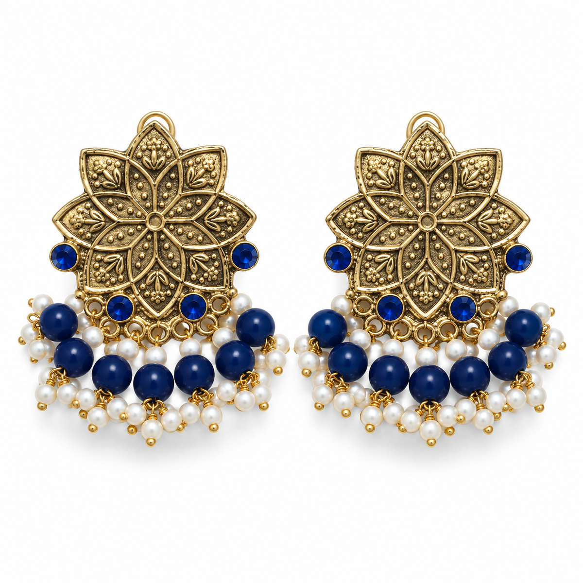 Gold-Tone Floral Earrings with Blue Bead Drops, matching pair on white background