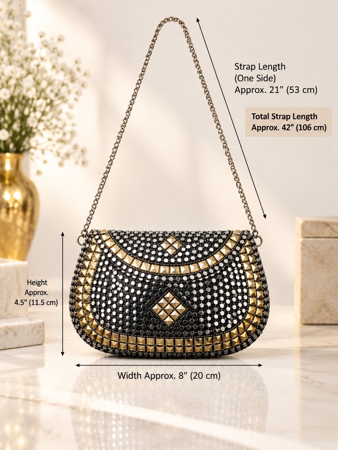 Gunmetal & Gold Studded Clutch Bag with Chain Strap – Beaded Half-Moon Evening Bag