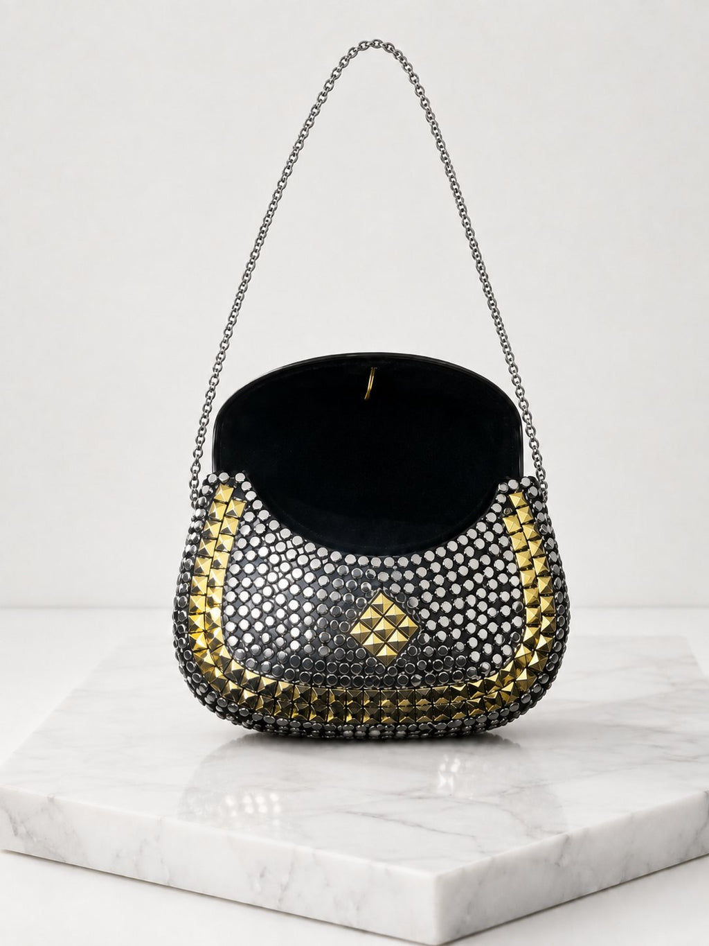 Gunmetal & Gold Studded Clutch Bag with Chain Strap – Beaded Half-Moon Evening Bag