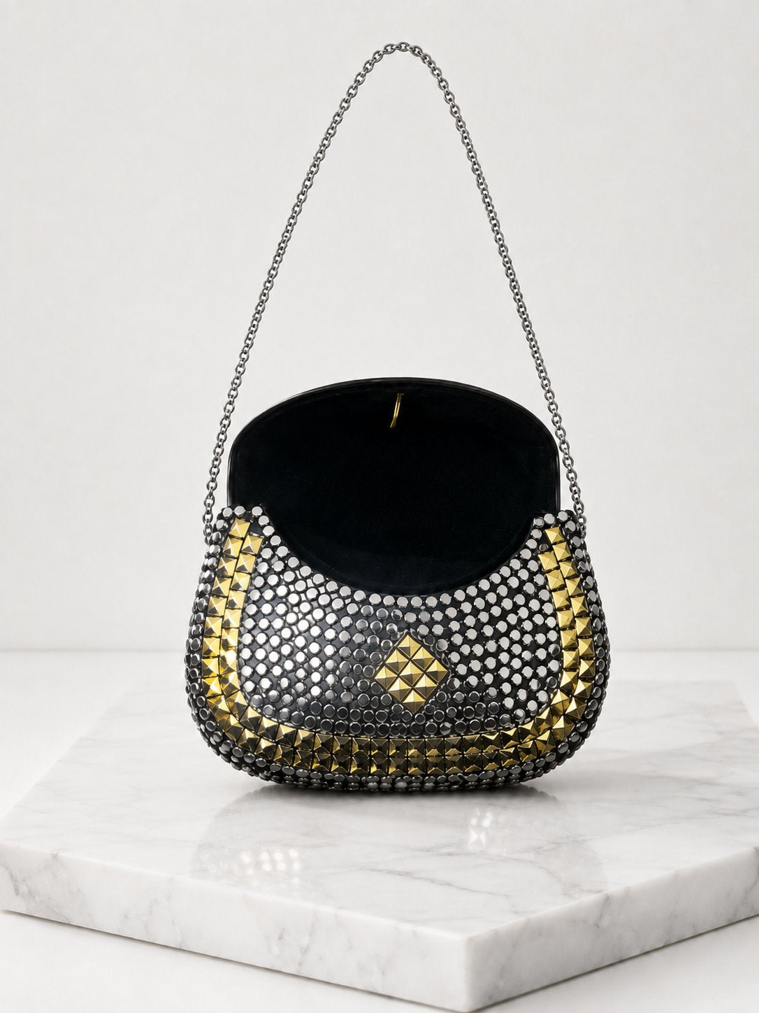 Gunmetal & Gold Studded Clutch Bag with Chain Strap – Beaded Half-Moon Evening Bag