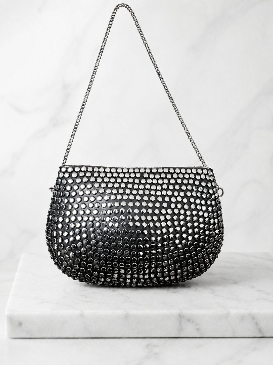 Gunmetal & Gold Studded Clutch Bag with Chain Strap – Beaded Half-Moon Evening Bag
