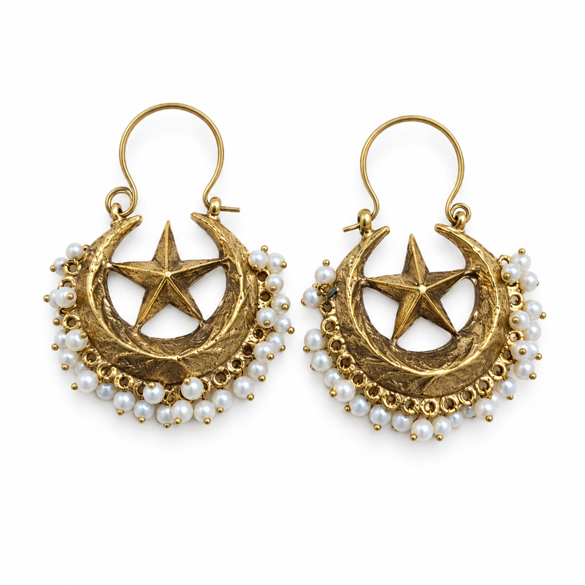 Gold-Tone Crescent Moon & Star Pearl-Look Earrings, matching pair on white background